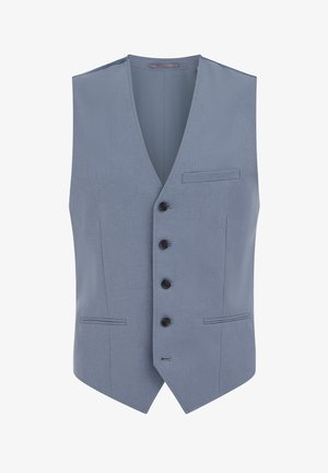 Moška svetlo modra telirana jopa s štirimi črnimi gumbi in tremi vrezanimi žepi, z V-vratnim ovratnikom in strukturiranimi šivi.