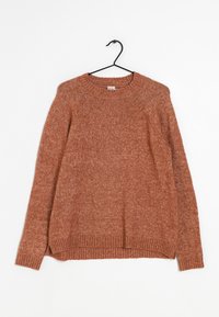 Rust-colored sweater with a textured finish, round neckline, and ribbed cuffs. Features a relaxed fit and side slits for ease of movement.