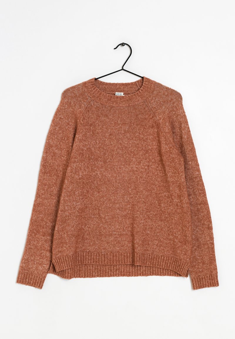 Rust-colored sweater with a textured finish, round neckline, and ribbed cuffs. Features a relaxed fit and side slits for ease of movement.