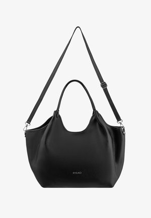Borsa in pelle nera con una texture morbida, forma curva, doppi manici e tracolla regolabile. Presenta un logo discreto sul fronte.