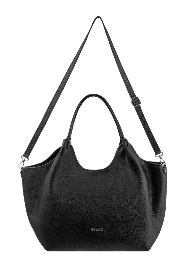 Czarna skórzana torebka o miękkiej fakturze, zaokrąglonym kształcie, podwójnych uchwytach i regulowanym pasku. Posiada subtelne logo z przodu.