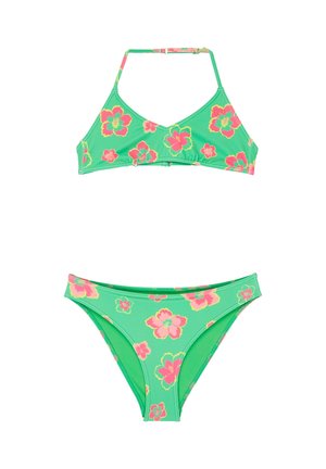 Grüner Bikini mit pinkem und gelbem Blumenmuster, bestehend aus einem Neckholder-Oberteil und passenden Low-Rise-Höschen.