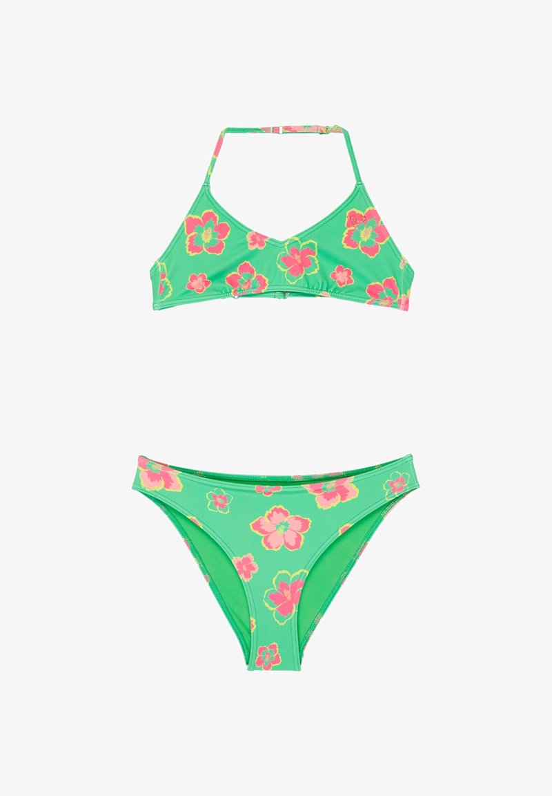 Conjunto de bikini verde con estampado floral en rosa y amarillo, que incluye un top de cuello halter y braguitas de talle bajo a juego.