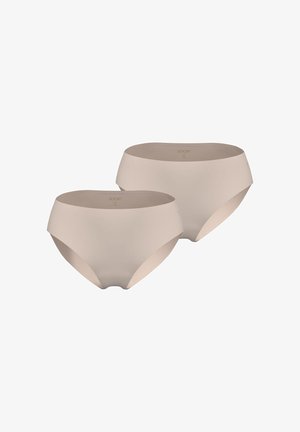 Culottes taille haute beiges en tissu doux. Elles présentent une texture lisse et un design minimaliste avec le logo de la marque sur la ceinture. Deux pièces incluses.