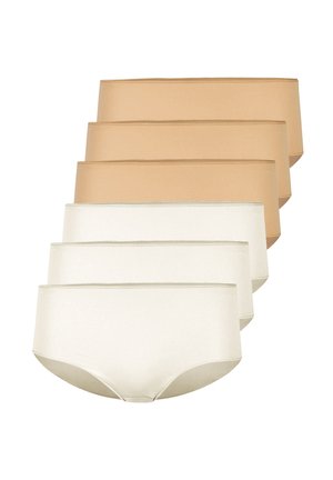 Sechs nahtlose Damenunterwäsche in zwei Farben, drei beige und drei weiße, in zwei versetzten Reihen angeordnet.