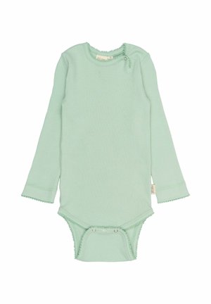 Mintgroene lange mouwen rompertje met geribbeld textuur, gekartelde manchetten en drukknoopsluitingen aan de onderkant voor gemakkelijke aankleedmogelijkheden.