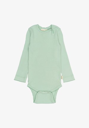 Mintgroene lange mouwen rompertje met geribbeld textuur, gekartelde manchetten en drukknoopsluitingen aan de onderkant voor gemakkelijke aankleedmogelijkheden.