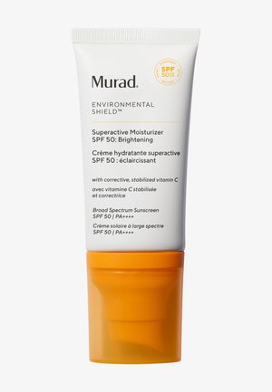 Murad Environmental Shield Superactive Moisturizer LSF 50 in einer weißen Tube mit orangem Verschluss, mit Beschriftungen in Englisch und Französisch.