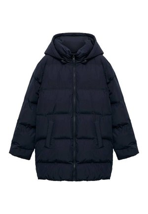 Marineblaue Steppjacke mit Reißverschluss, abnehmbarer Kapuze und zwei Vordertaschen. Verfügt über gesteppten Panels für Isolierung und einen lässigen Schnitt.
