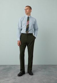 Helles blau gestreiftes Hemd, dunkelgrüne maßgeschneiderte Hose, mehrfarbige gemusterte Krawatte, schwarze Schuhe. Glatte Texturen und eine schlanke Passform.