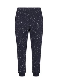 Navy pajama pants in soft fabric, featuring a star and crescent moon pattern, elastic waistband, and tapered cuffs.