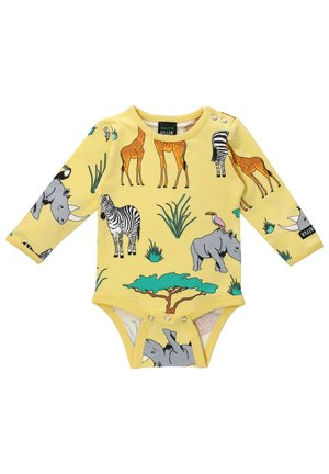 Gelbes Langarm-Bodysuit mit Tierillustrationen: Giraffen, Zebras, Nashörner und Bäume. Druckknopfverschlüsse an der Schulter und am Boden.