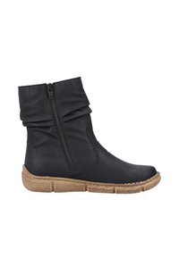 Black ankle boots made of synthetic leather, featuring a side zipper, gathered upper design, and a textured brown rubber sole.