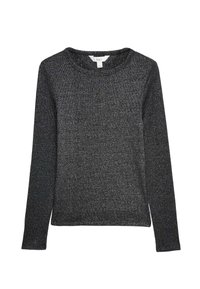 Schwarzer Langarmpullover mit leichtem Glanz. Verfügt über einen runden Ausschnitt und eine weiche Textur. Einfaches Design, ideal für den Freizeitlook.