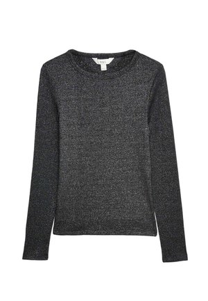 Black long-sleeve sweater with a slight shimmer. Features a round neckline and a soft texture. Simple design, suitable for casual wear.