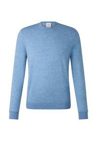 Hellblau gestrickter Pullover mit Rundhalsausschnitt, langen Ärmeln, gerippten Bündchen und Saum. Glatte Textur mit einem subtilen Melange-Muster.