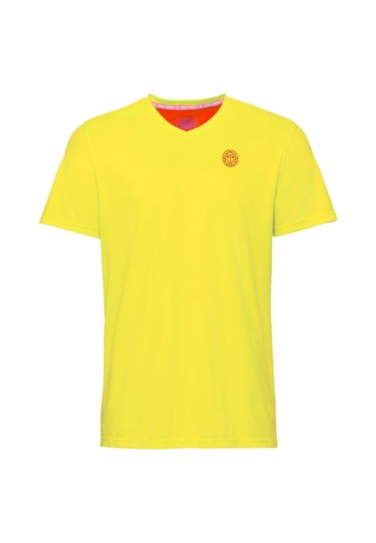 T-shirt a maniche corte con scollo a V in tessuto giallo brillante. Presenta un logo circolare ricamato in arancione sul lato sinistro del petto. Texture liscia.