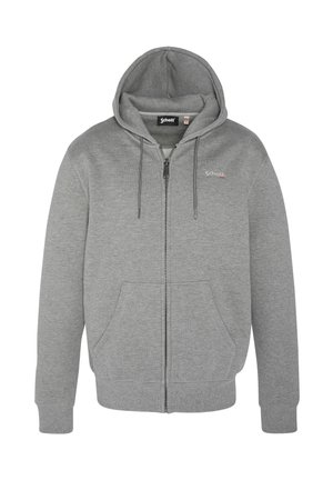 Grå zip-up hoodie lavet af blødt stof, med en snoretrækhætte, forlommer og et logo på venstre brystområde.
