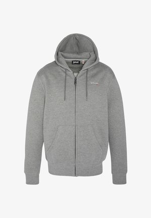 Grijze zip-up hoodie van zachte stof, met een capuchon met trekkoord, voorzakken en een logo op de linkerborst.