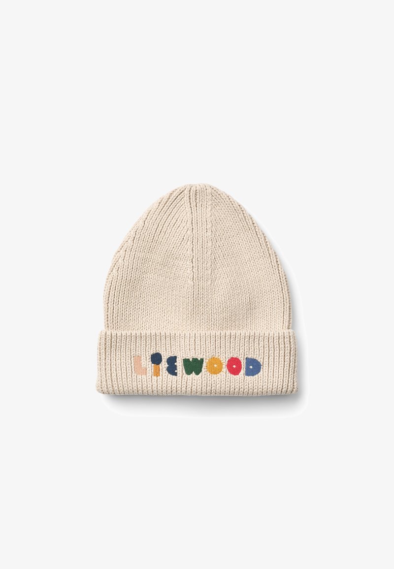 Bonnet beige tricoté avec un revers plié présentant des lettres colorées et ludiques formant "LIEWOOD."