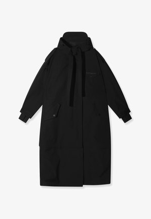 Black long coat made from a durable fabric, featuring a high collar, adjustable drawstrings, side pockets, and a straight cut design.