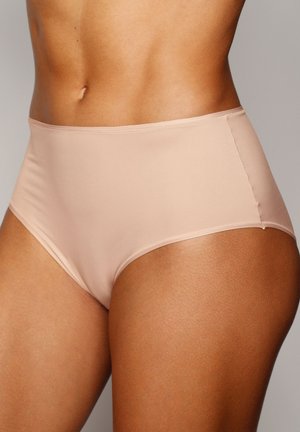 Hoge taille, beige ondergoed gemaakt van soepel, rekbaar materiaal met platte naden en een naadloos ontwerp. Ideaal voor comfort en bedekking.