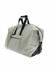 Grau wasserdichter Reisetasche mit schwarzen Akzenten, ausgestattet mit zwei Griffen, einer Vordertasche mit Reißverschluss und strukturiertem Material für Langlebigkeit.