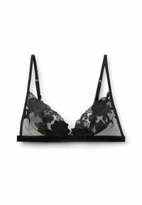 Czarny koronkowy biustonosz typu bralette z kwiatowym haftem, przezroczystymi miseczkami, regulowanymi ramiączkami oraz pasem z miękkiego materiału pod biustem.