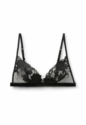 Bralette en dentelle noire avec broderie florale, design de bonnets transparents, bretelles ajustables et une bande en tissu doux sous la poitrine.