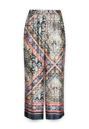 Pantaloni a gamba larga stampati con un motivo geometrico multicolore che presenta design floreali e astratti, realizzati in tessuto leggero con una texture liscia.