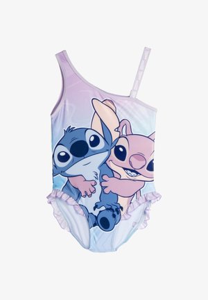 One-shoulder children's swimsuit with pastel colors and cartoon characters Stitch and Angel hugging on the front, ruffled leg openings.