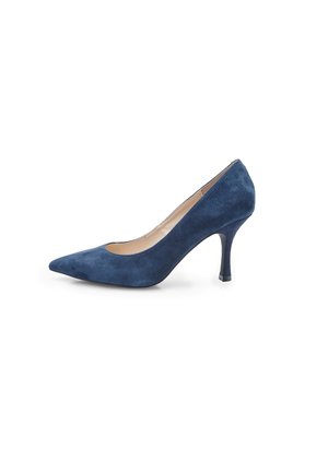 Navy blue suede high heel pump with a pointed toe and stiletto heel, featuring a smooth texture and a classic silhouette.