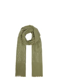 Écharpe vert olive en tissu doux, présentant un design texturé avec des rayures horizontales et de petits points, finie avec des bords effilochés.
