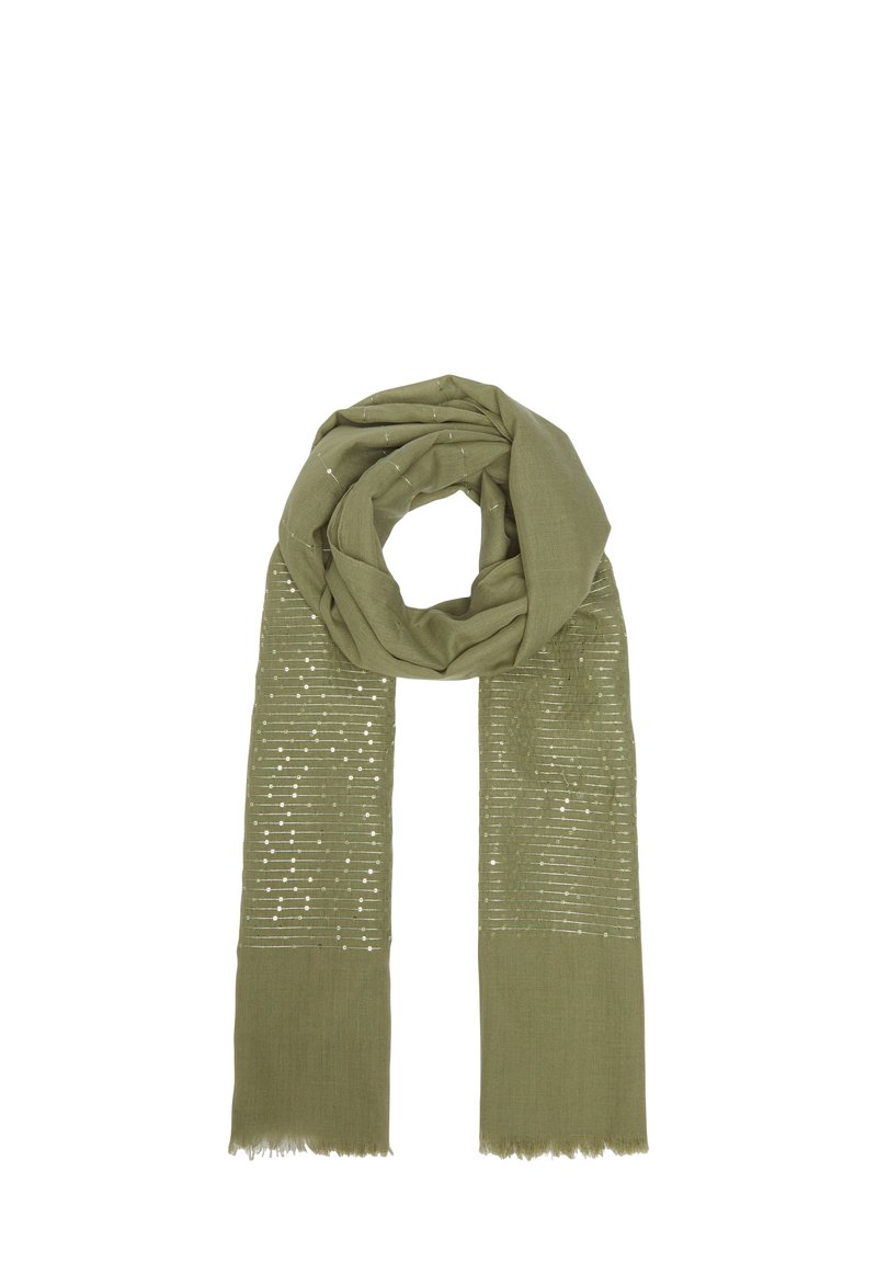 Écharpe vert olive en tissu doux, présentant un design texturé avec des rayures horizontales et de petits points, finie avec des bords effilochés.