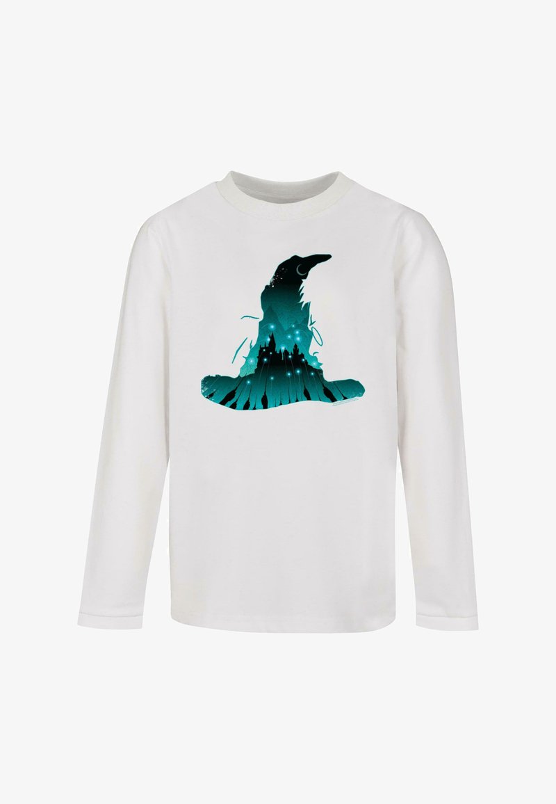 White long-sleeve shirt featuring a turquoise graphic of a sorting hat with a starry background and silhouette of a castle.