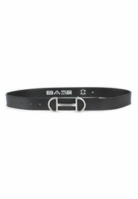 Zwarte leren riem met een gladde afwerking, voorzien van een zilveren dubbele cirkelgesp en vijf gaatjes voor verstelbaarheid. Merkenlogo is zichtbaar.