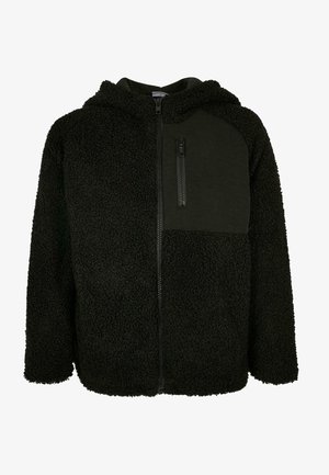 Schwarze Fleecejacke mit Kapuze, komplettem Frontreißverschluss, strukturiertem Stoff und Reißverschlusstasche auf der linken Brustseite.