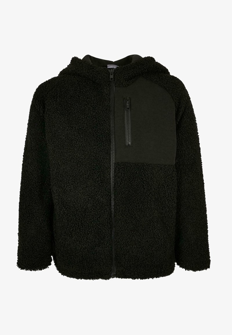 Veste polaire noire à capuche avec fermeture éclair complète à l'avant, tissu texturé et poche poitrine zippée côté gauche.