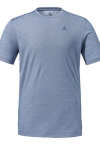 Blaues T-Shirt mit kurzen Ärmeln aus weichem, leichtem Stoff. Verfügt über einen Rundhalsausschnitt und ein kleines Logo auf der Brust. Klassische Passform.