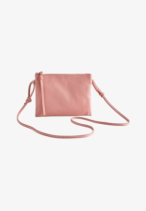 Kleine, weiche rosa Ledertasche zum Umhängen mit Reißverschluss und verstellbarem Riemen, an beiden Enden mit Knoten.