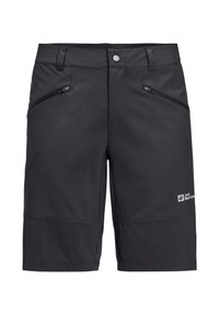 Pantaloni corti da trekking neri realizzati in tessuto leggero, dotati di due tasche laterali con zip e un logo sulla gamba destra inferiore.