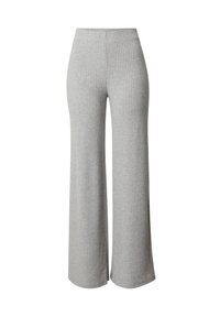 Ribbed wide-leg pants in light gray. Soft texture with an elastic waistband and a flowing silhouette, offering comfort and versatility.