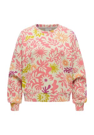 Sweat-shirt à col rond avec motif floral abstrait en rose, orange, jaune et violet sur fond crème, à manches longues et poignets côtelés.