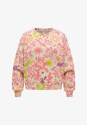 Sweatshirt met ronde hals en abstract bloemmotief in roze, oranje, geel en paars op een crèmekleurige achtergrond, met lange mouwen en geribbelde manchetten.