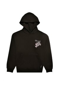 Zwarte hoodie met een voorzak in kangoeroestijl, trekkoordkap en een grafische afbeelding op de borst met witte en roze accenten. Zachte textuur.