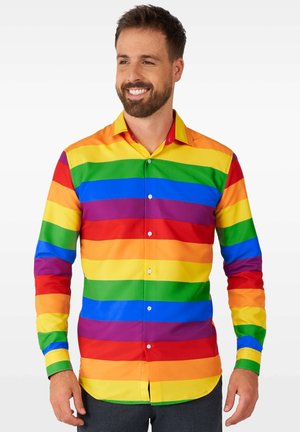 Colorful button-up shirt featuring horizontal stripes in red, orange, yellow, green, blue, and purple. Smooth fabric with a structured collar.