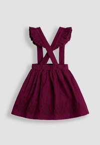 Abito in velluto a coste color bordeaux con spalline arricciate, schiena incrociata e gonna arricciata con ricami floreali vicino all'orlo.