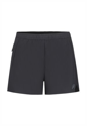 Pantalones cortos deportivos negros con una cintura elástica, que cuentan con bolsillos laterales con cremallera y detalles de malla cerca del dobladillo para ventilación.