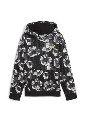 Czarna bluza z kapturem Puma z dużym białym i szarym kwiatowym wzorem oraz złotym logo Puma na piersi, z przednią kieszenią i długimi rękawami.