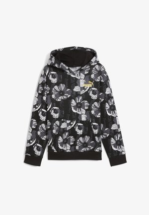 Sweat à capuche Puma noir avec grand motif floral blanc et gris et logo Puma doré sur la poitrine, avec poche avant et manches longues.